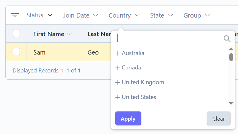 Customer search and filter